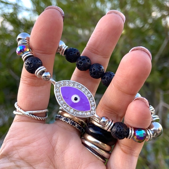 Purple cz evil eye black lava boho bead bracelet - Picture 2 of 14